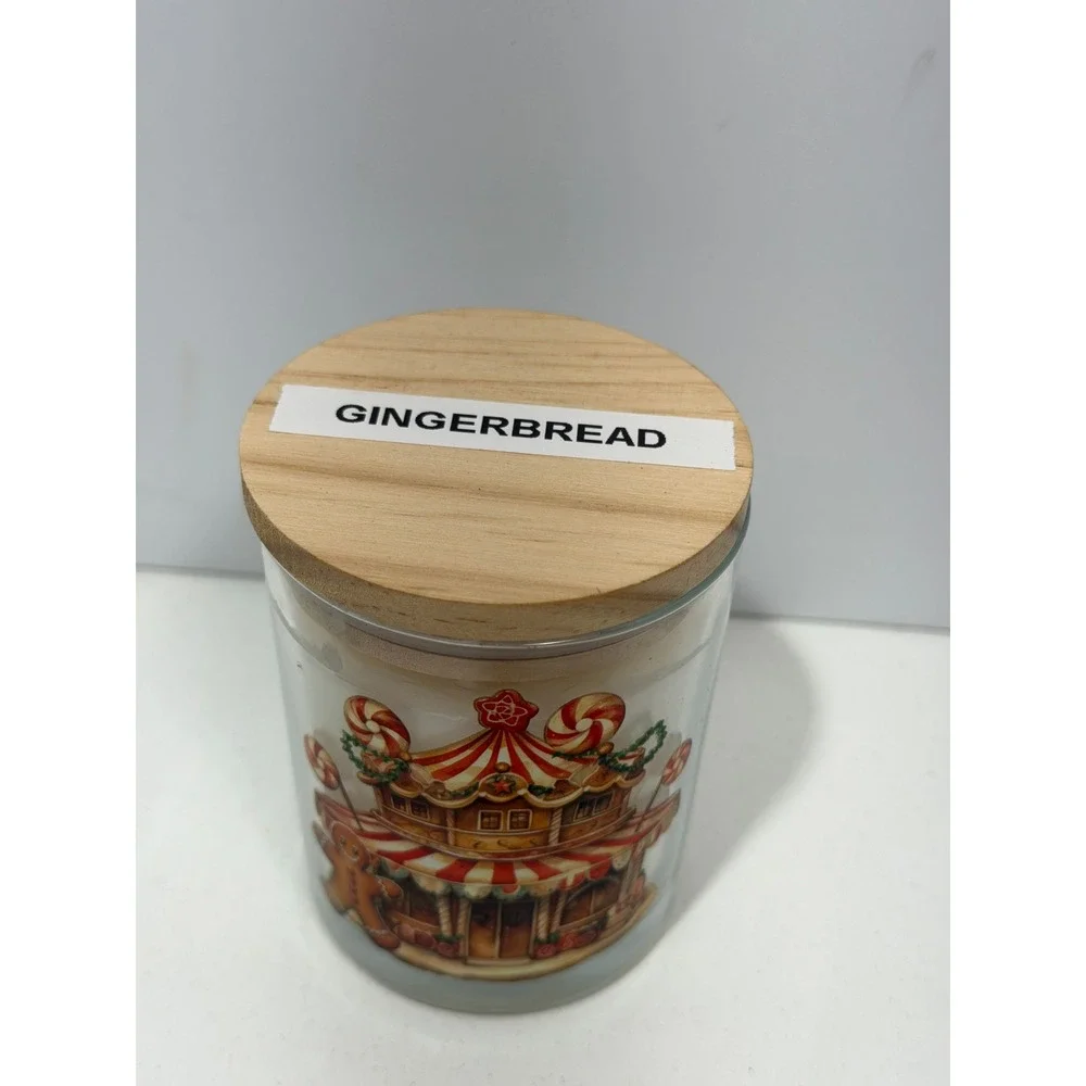 Gingerbread Scented Candle Glass Jar Christmas Carousel Gingerbread Man Wood Lid